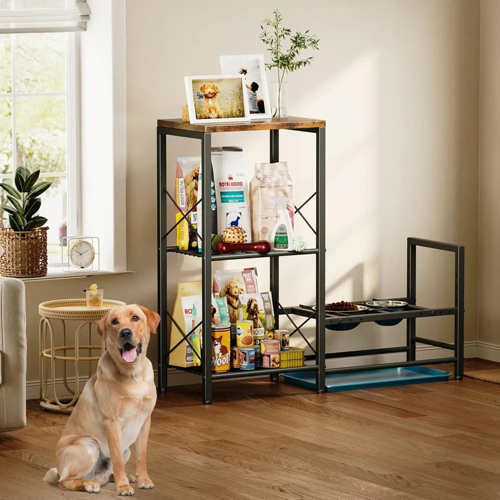 Elevated Dog Feeding Station, Adjustable Stand with Tray, Food and Water Bowl Holder, Storage Organizer