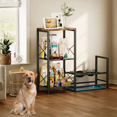 Elevated Dog Feeding Station, Adjustable Stand with Tray, Food and Water Bowl Holder, Storage Organizer