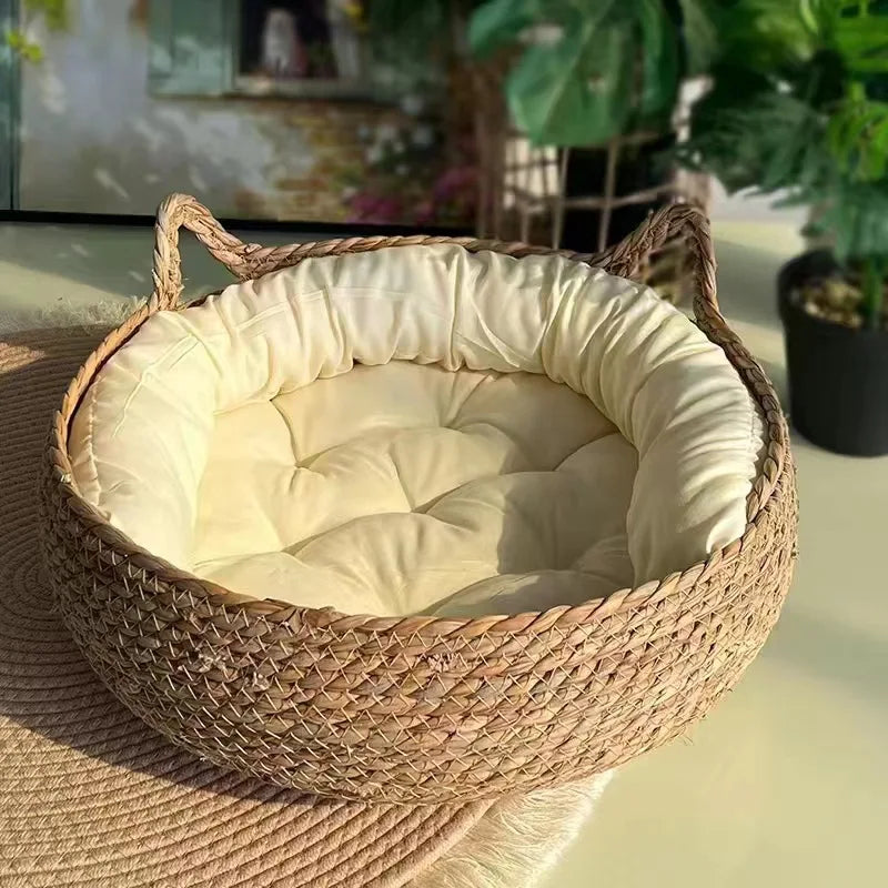 Rattan-Woven All-Season Cat Bed – Round Donut Design with High Wrapped Edges & Cushion (Warm in Winter