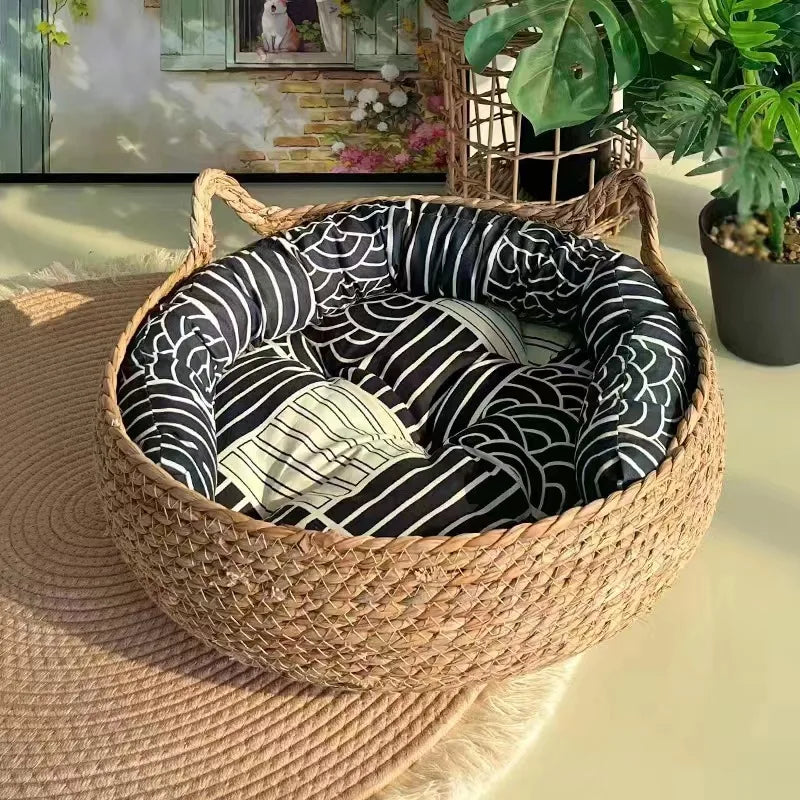 Rattan-Woven All-Season Cat Bed – Round Donut Design with High Wrapped Edges & Cushion (Warm in Winter