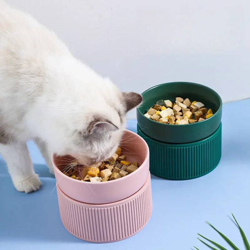 Ceramic Cat Dog Bowl Pet Puppy Feeder Drinker Elevated Raised Holder White Pink Bowls Double for Cats Dogsr