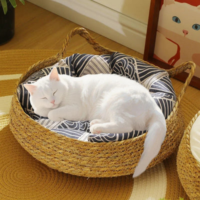 Rattan-Woven All-Season Cat Bed – Round Donut Design with High Wrapped Edges & Cushion (Warm in Winter