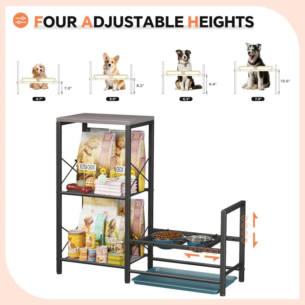 Elevated Dog Feeding Station, Adjustable Stand with Tray, Food and Water Bowl Holder, Storage Organizer