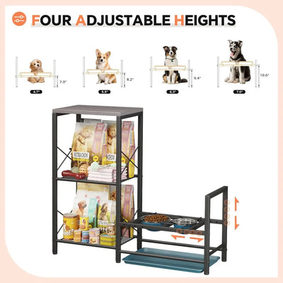 Elevated Dog Feeding Station, Adjustable Stand with Tray, Food and Water Bowl Holder, Storage Organizer