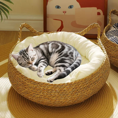Rattan-Woven All-Season Cat Bed – Round Donut Design with High Wrapped Edges & Cushion (Warm in Winter