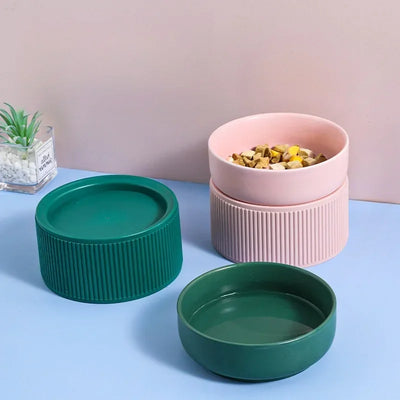 Ceramic Cat Dog Bowl Pet Puppy Feeder Drinker Elevated Raised Holder White Pink Bowls Double for Cats Dogsr