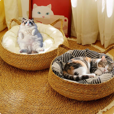 Rattan-Woven All-Season Cat Bed – Round Donut Design with High Wrapped Edges & Cushion (Warm in Winter