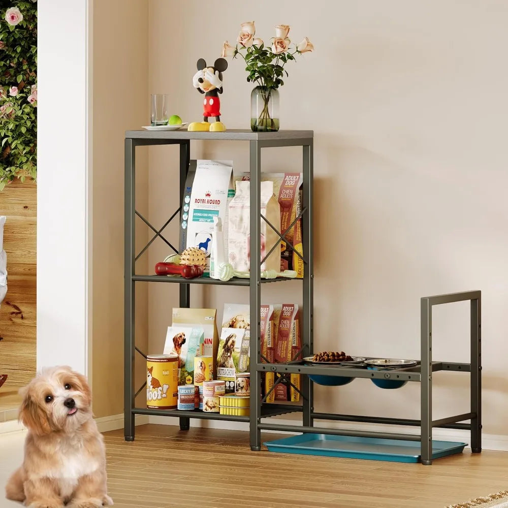 Elevated Dog Feeding Station, Adjustable Stand with Tray, Food and Water Bowl Holder, Storage Organizer