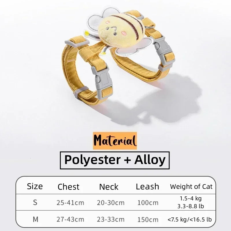 Cat Harness Leash Collar Set Adjustable Cartoon Bee Double Layer Dog Harness for Small Medium Pet Collar