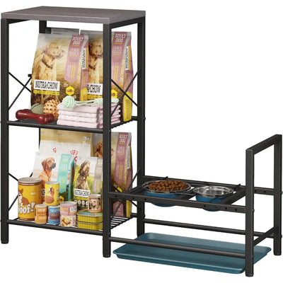 Elevated Dog Feeding Station, Adjustable Stand with Tray, Food and Water Bowl Holder, Storage Organizer