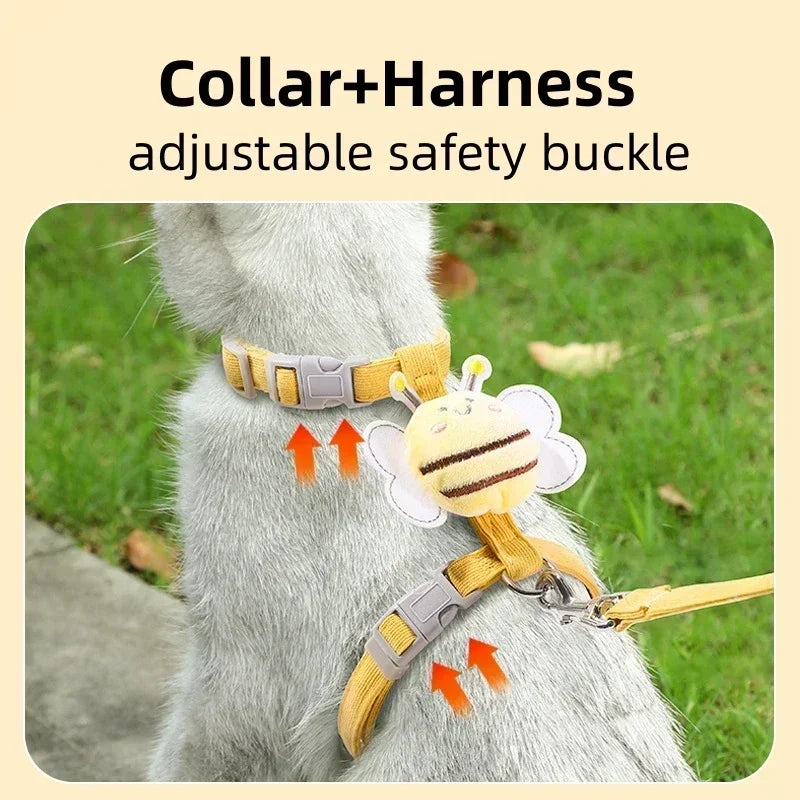 Cat Harness Leash Collar Set Adjustable Cartoon Bee Double Layer Dog Harness for Small Medium Pet Collar