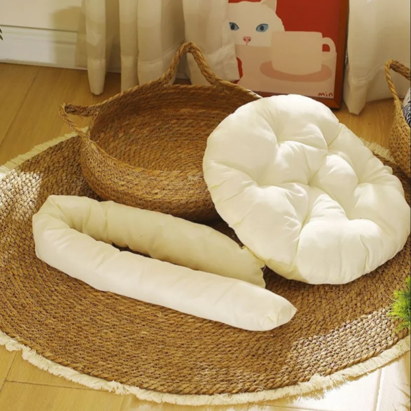 Rattan-Woven All-Season Cat Bed – Round Donut Design with High Wrapped Edges & Cushion (Warm in Winter