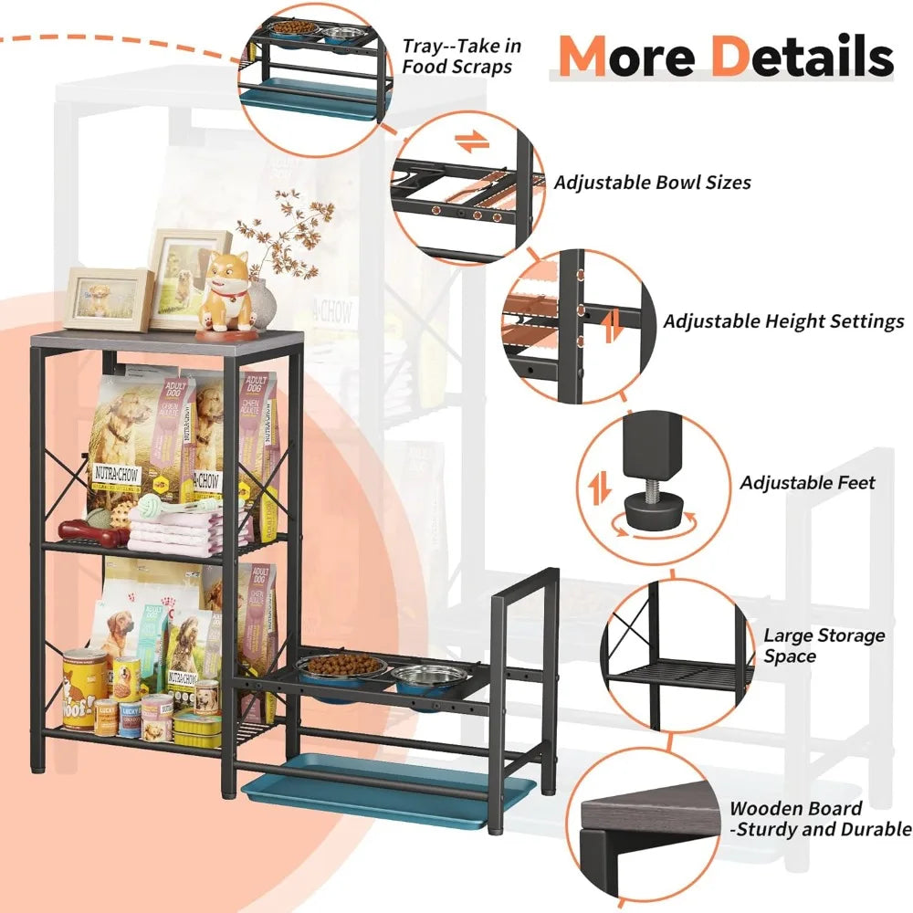 Elevated Dog Feeding Station, Adjustable Stand with Tray, Food and Water Bowl Holder, Storage Organizer