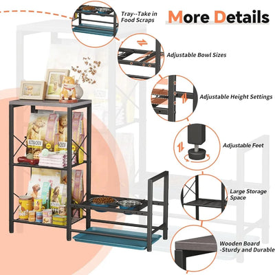 Elevated Dog Feeding Station, Adjustable Stand with Tray, Food and Water Bowl Holder, Storage Organizer